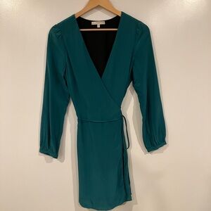 Teal 100% Silk Wrap Mini Dress | Long Sleeve | Size Small